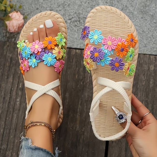 Women'S Colorful Floral Flat Sandals with Toe Loop - Non-Slip, Open Toe Slip-On Design, Casual Beach & Outdoor Shoes, Comfortable Sole, Woven Strap Detail, Strappy Sandals