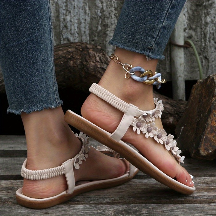 White Elegant Floral Flat Sandals - Women's Strappy Elastic Toe-Loop Slip-On Summer Shoes with Braided Straps and PU Cover Sole