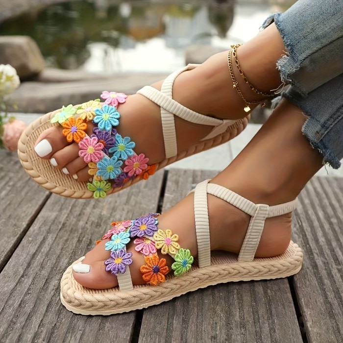 Women'S Colorful Floral Flat Sandals with Toe Loop - Non-Slip, Open Toe Slip-On Design, Casual Beach & Outdoor Shoes, Comfortable Sole, Woven Strap Detail, Strappy Sandals