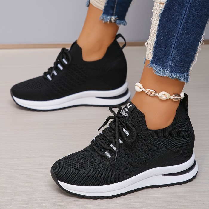 Increase Height Breathable Wedge Sneakers Women's Breathable Wedge Height Increasing Sneakers, Platform Lace Up Soft Sole Walking Shoes, Breathable Low-top Casual Sports Shoes