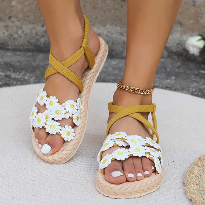 Women'S Floral Slide Sandals - Open Toe, Flat Heel, Daisy Pattern, Yellow with Blue Straps, Casual Summer Beach Shoes, Adjustable Hook & Loop Fastener, EVA Sole for Comfort, Casual Footwear | Floral Pattern Sandals | Adjustable Strap Sandal