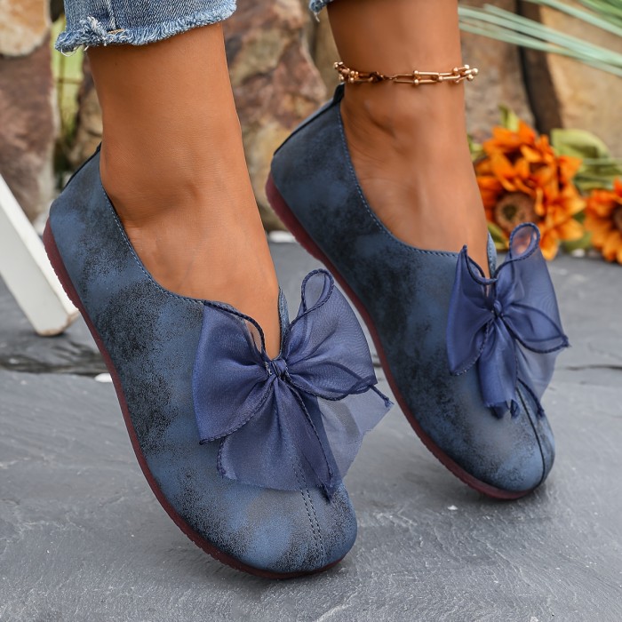 Women's Navy Blue Slip-On Flats with Elegant Black Bowknot - Comfortable Lightweight Casual Shoes, Faux Cover Upper & PU Sole, Breathable Design for Casual Attire, Ladies Shoes