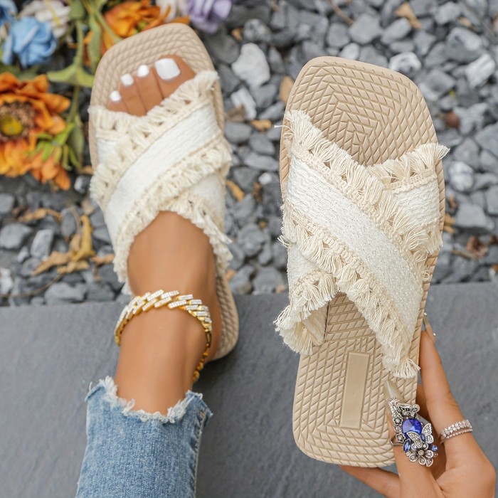 Elegant And Stylish Classic Tassel Square-Toed Sandals for Spring And Summer, Outdoor Non-Slip Women'S Slippers.