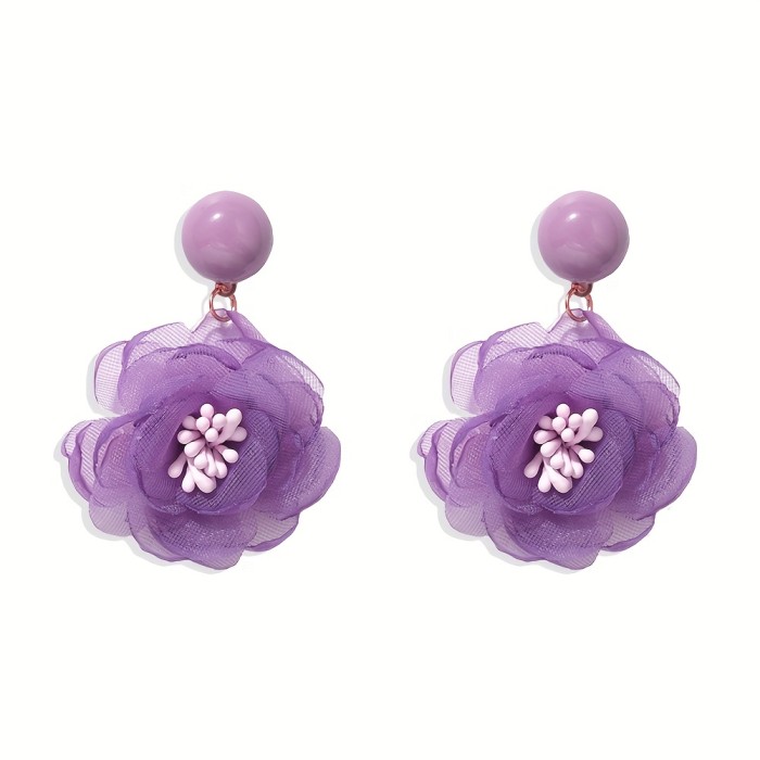 Women's Bohemian Floral Stud Earrings - Lavender Chiffon Flower Jewelry, Everyday & Formal Events, Minimalist Floral Elegance for Bridal or Party Accessories - Elegant Gift for Women, Wedding Earrings, Chiffon Flower Design, Elegant Craftsmanship