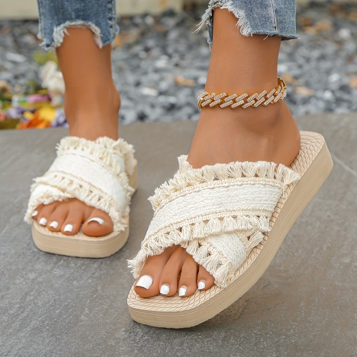 Elegant And Stylish Classic Tassel Square-Toed Sandals for Spring And Summer, Outdoor Non-Slip Women'S Slippers.