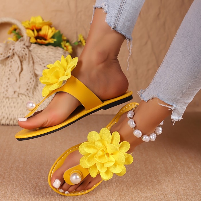 Women's Elegant Floral Flat Sandals - Vibrant Yellow Flower Embellishments with Ankle Bracelets, Slip-On Open-Toe Summer Shoes, Synthetic Cover & Rubber Sole, Hand Washable Casual Beach Footwear, Ladies Sandals