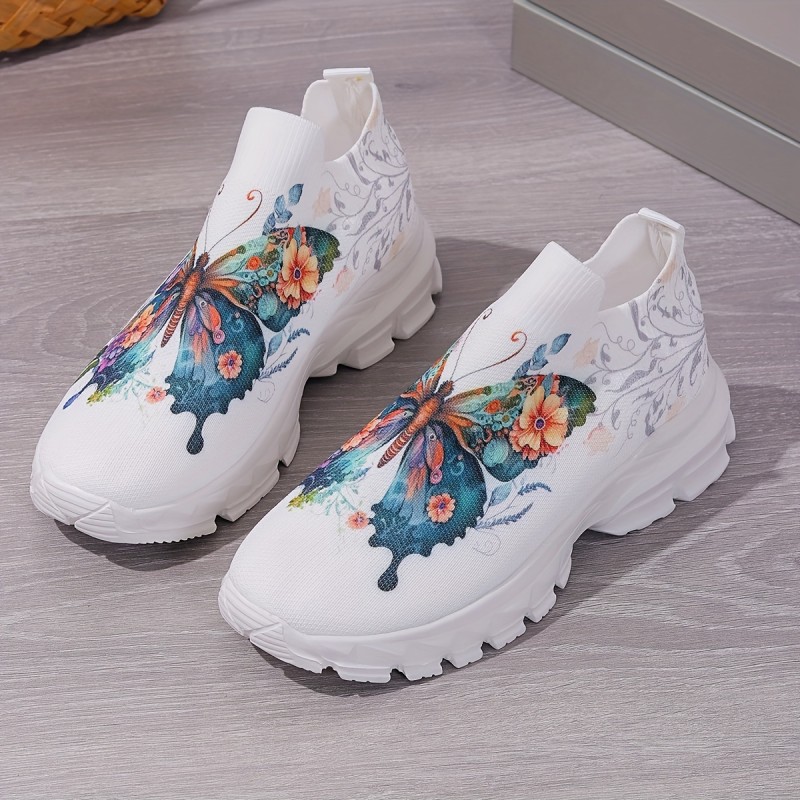 Women'S Floral Butterfly Print Sneakers, Comfortable Fabric Slip-On Shoes, Breathable Fashion Trainers for Daily Wear Plus Size
