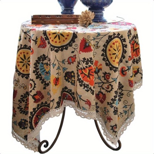 24x24 Inch Modern Boho Floral Jacquard Tablecloth with Lace Edges - Machine Washable Rectangular Microfiber Table Cover for Dining, Kitchen, Patio - Vibrant Bohemian Design, Compact Size, Easy Care, Dining Room Decor, Elegant Retro Style, Intricate Weaving