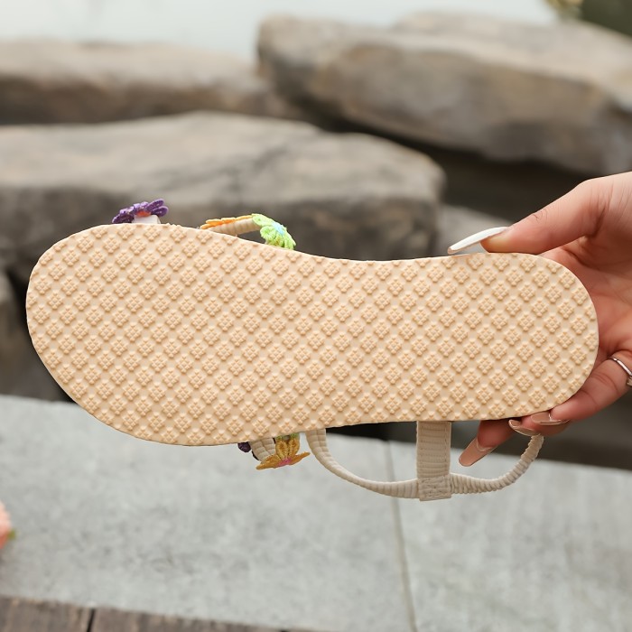 Women'S Colorful Floral Flat Sandals with Toe Loop - Non-Slip, Open Toe Slip-On Design, Casual Beach & Outdoor Shoes, Comfortable Sole, Woven Strap Detail, Strappy Sandals