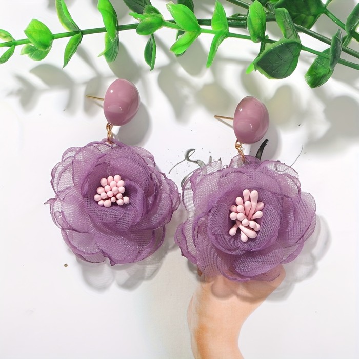 Women's Bohemian Floral Stud Earrings - Lavender Chiffon Flower Jewelry, Everyday & Formal Events, Minimalist Floral Elegance for Bridal or Party Accessories - Elegant Gift for Women, Wedding Earrings, Chiffon Flower Design, Elegant Craftsmanship