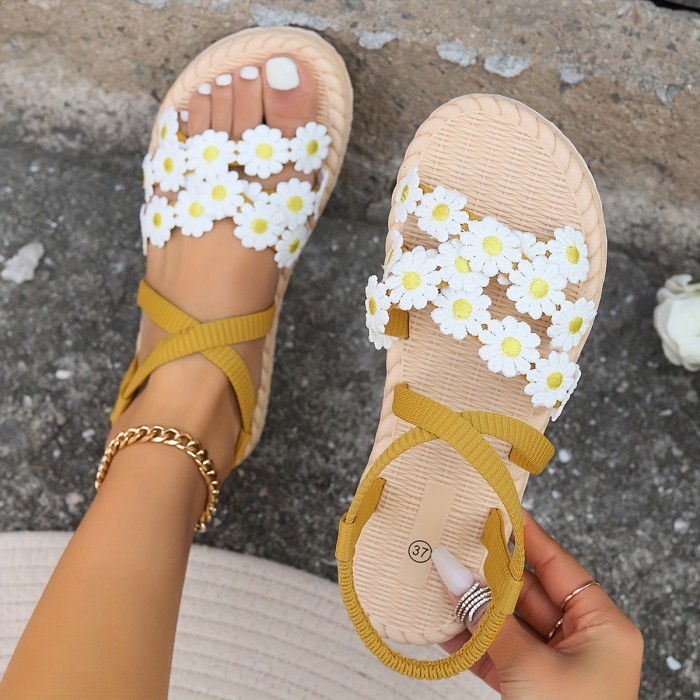 Women'S Floral Slide Sandals - Open Toe, Flat Heel, Daisy Pattern, Yellow with Blue Straps, Casual Summer Beach Shoes, Adjustable Hook & Loop Fastener, EVA Sole for Comfort, Casual Footwear | Floral Pattern Sandals | Adjustable Strap Sandal
