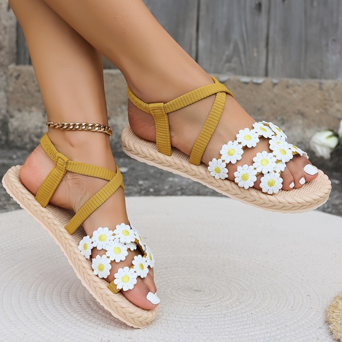 Women'S Floral Slide Sandals - Open Toe, Flat Heel, Daisy Pattern, Yellow with Blue Straps, Casual Summer Beach Shoes, Adjustable Hook & Loop Fastener, EVA Sole for Comfort, Casual Footwear | Floral Pattern Sandals | Adjustable Strap Sandal
