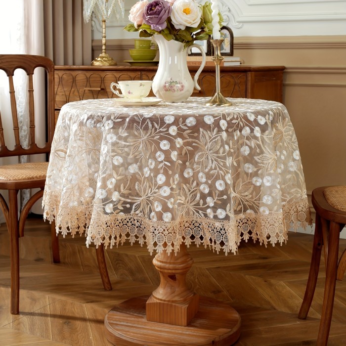 1pc Polyester Round Tablecloth - Embroidered Dandelion with Lace Edge, Machine Woven, Pastoral Fresh Series, 100% Polyester Cover for Kitchen, Home Decor, Parties - Durable and Easy to Clean