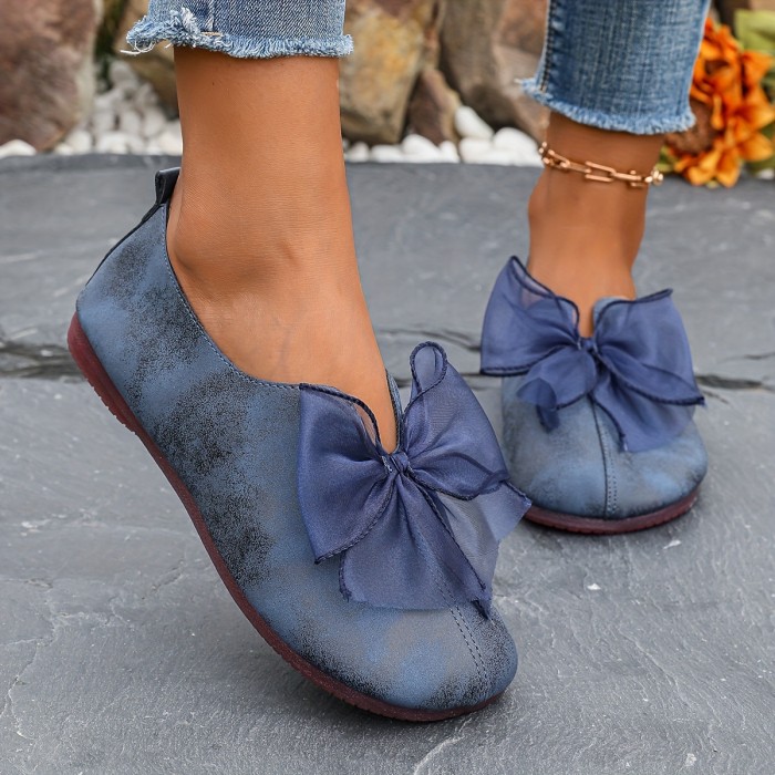Women's Navy Blue Slip-On Flats with Elegant Black Bowknot - Comfortable Lightweight Casual Shoes, Faux Cover Upper & PU Sole, Breathable Design for Casual Attire, Ladies Shoes