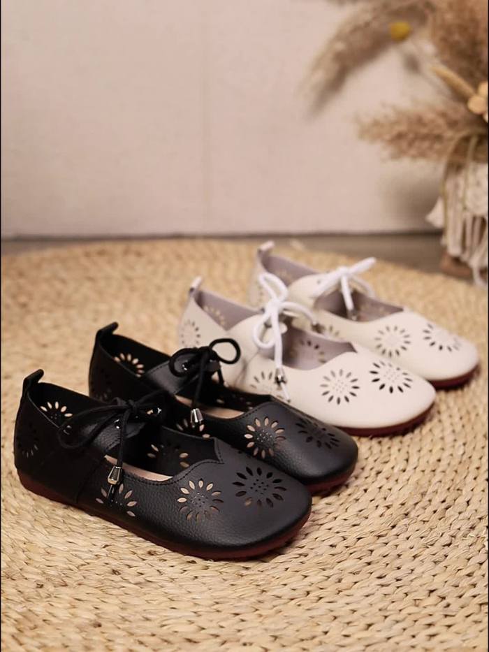 Women'S Black Floral Cut-Out Slip-On Flats - Breathable Synthetic Cover with Adjustable Lace-Up Straps, Soft Rubber Sole & Ankle Support for All-Day Comfort, Perfect for Casual or Summer Outfits, Ladies Shoes