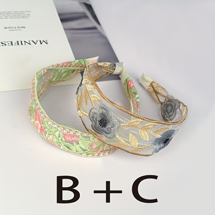 2pcs\u002F3pcs Vintage Elegant Wide Brim Headband - Embroidered Floral Ethnic Style Forehead Bangs Hair Decoration Accessories - Suitable for Daily Wear