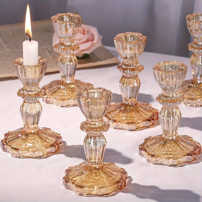 Glass Candle Holder Set 2\u002F6pcs, Transparent\u002FAmbre Conical Large Capacity Candle Holder, Crystal High Candle Holder, Suitable for DIY Wedding, Festival, Party, Christmas Table Decoration