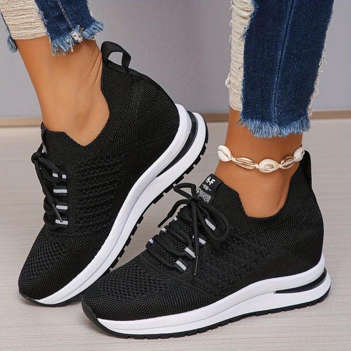 Increase Height Breathable Wedge Sneakers Women's Breathable Wedge Height Increasing Sneakers, Platform Lace Up Soft Sole Walking Shoes, Breathable Low-top Casual Sports Shoes
