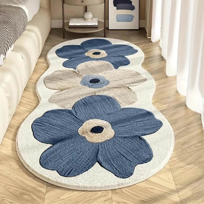 Nordic Floral Plush Area Mat - Non-Slip Machine Washable Soft Polyester Mat with Blue & Beige Flowers, Irregular Shape Decorative Mat for Bedroom, Living Room, Entryway - Perfect for Thanksgiving, Valentine's Day & St. Patrick's Day Decor, Seasonal Decoration, Cozy Home Accessory, Durable Construction, Stylish Floor Covering, Interior Design Lovers, Perfect for Thanksgiving