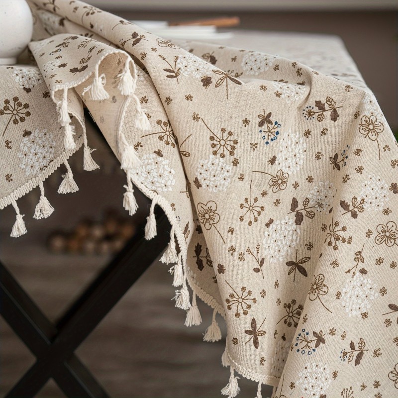 MoideHom French Farmhouse Floral Print Polyester Tablecloth | Rectangular with Tassels | Multi-Use for Kitchen & Dining | Elegant Flower Print | Ideal for Tea Parties & Weddings, Kitchen Decor | French Farmhouse Style | Intricate Floral Design, French Decor