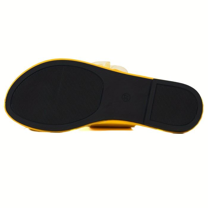 Women's Stylish Yellow Slide Sandals with Floral Accents - Breathable, Slip-On Summer Flats for Casual Wear and Vacation, Ladies Sandals