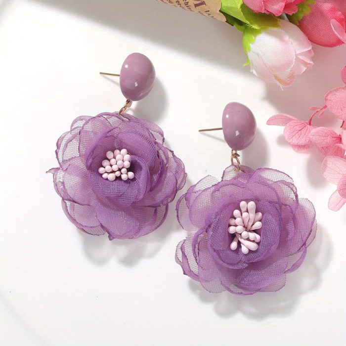 Women's Bohemian Floral Stud Earrings - Lavender Chiffon Flower Jewelry, Everyday & Formal Events, Minimalist Floral Elegance for Bridal or Party Accessories - Elegant Gift for Women, Wedding Earrings, Chiffon Flower Design, Elegant Craftsmanship