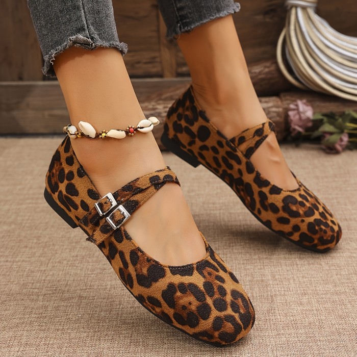 New Seasonal Women's Retro Leopard Print Flat Ballet Flats with Mary Jane Strap