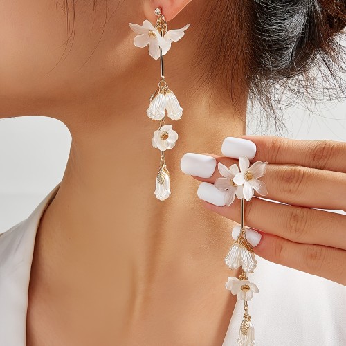 1 Pair Elegant Boho Chic Faux Pearl Flower Tassel Dangle Earrings, Golden-Plated Iron Posts, Long Fringe Design for Daily Wear & Special Occasions, Women'S Fashion Jewelry, Gift Jewelry|Elegant Accessory|Iron Post Jewelry