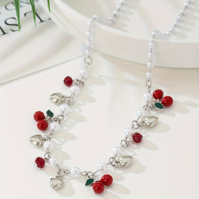 1 Strand Cherry Beads Necklace 1 Strand Lady's Cherry Beads Golden Heart Shape Charms Design Necklace, Elegant Personality Versatile Party Banquet Daily Wear Jewelry