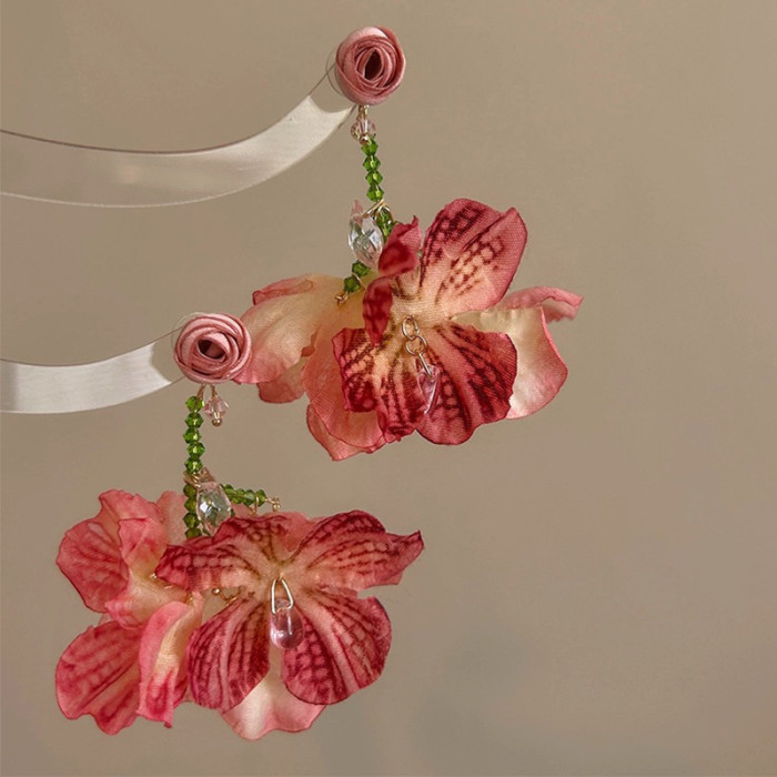 Burning Roses, Tassel Earrings, Super Fairy Retro Atmosphere, Artificial Petal Stud Earrings, Unique Exaggerated Earrings