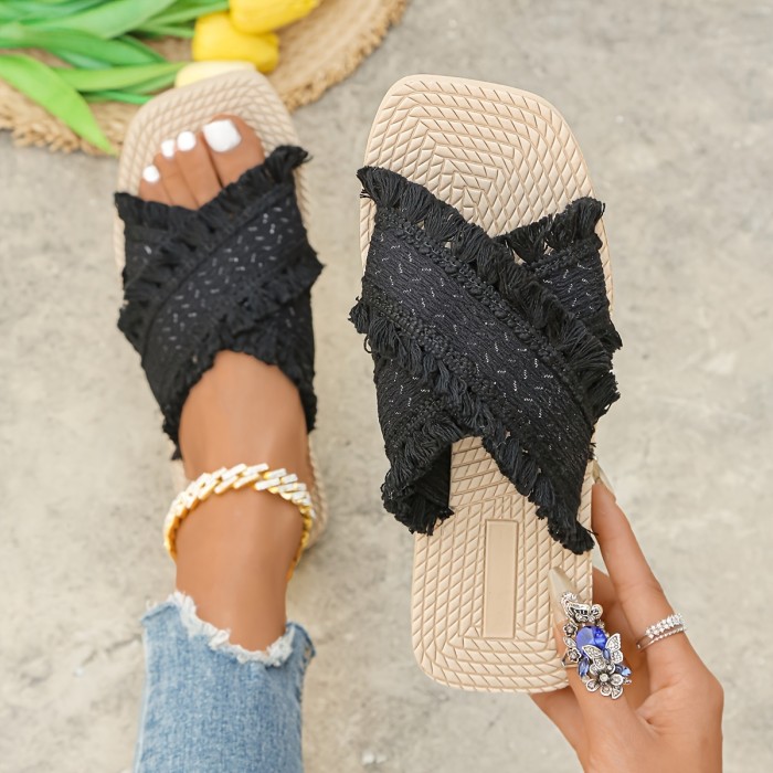 Elegant And Stylish Classic Tassel Square-Toed Sandals for Spring And Summer, Outdoor Non-Slip Women'S Slippers.