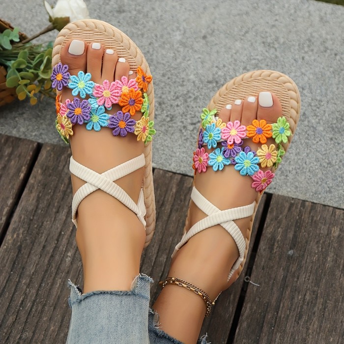 Women'S Colorful Floral Flat Sandals with Toe Loop - Non-Slip, Open Toe Slip-On Design, Casual Beach & Outdoor Shoes, Comfortable Sole, Woven Strap Detail, Strappy Sandals