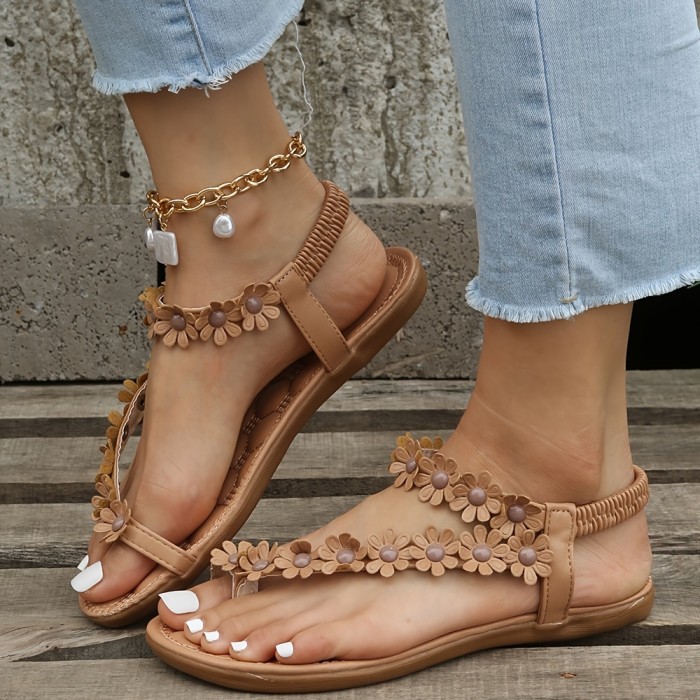 White Elegant Floral Flat Sandals - Women's Strappy Elastic Toe-Loop Slip-On Summer Shoes with Braided Straps and PU Cover Sole