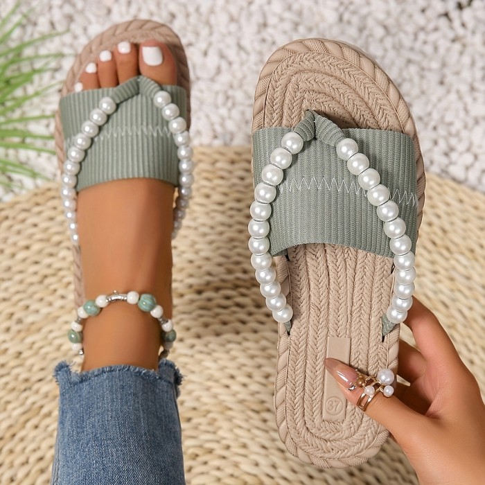 Women'S Flat Slip-On Sandals with Faux Pearl Accents - Lightweight & Breathable Summer Beach Shoes, EVA Cushioned Comfort, Open Toe Design for Casual Outdoor Wear, Strappy Sandals