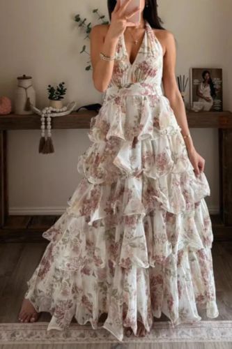 Women's Fashion Sexy V-neck Suspender Bohemian Elegant Multi-layer Printed Dress