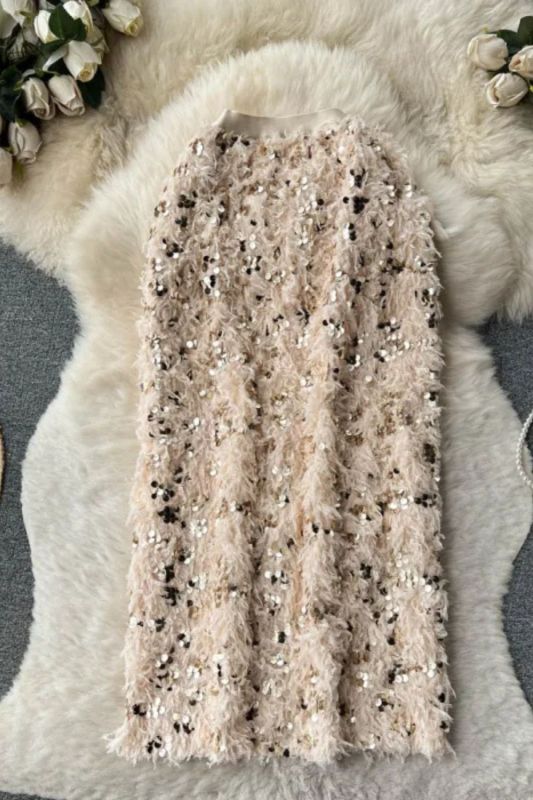 High Waist Midi Sequined Elegant Fashion Back Slit A-line Loose Casual Skirts