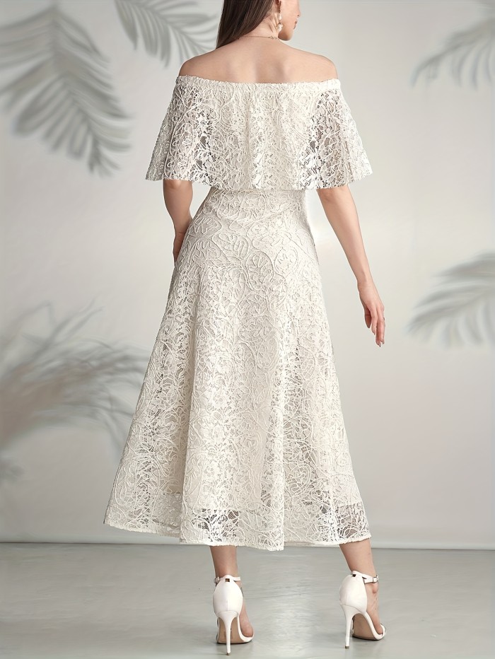 Elegant White Off-Shoulder Lace Dress for Women - Chic A-Line Maxi, Floral Lace Detailing, Polyester Blend