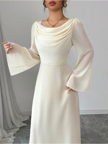 Elegant Beige Crew Neck Formal Wide Sleeves Midi Dress