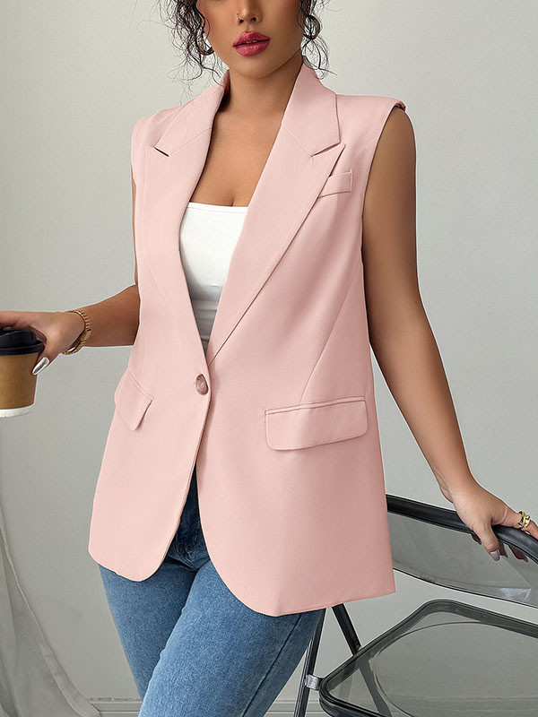 Pockets Buttoned Sleeveless Loose Notched Collar Vest Top Blazer