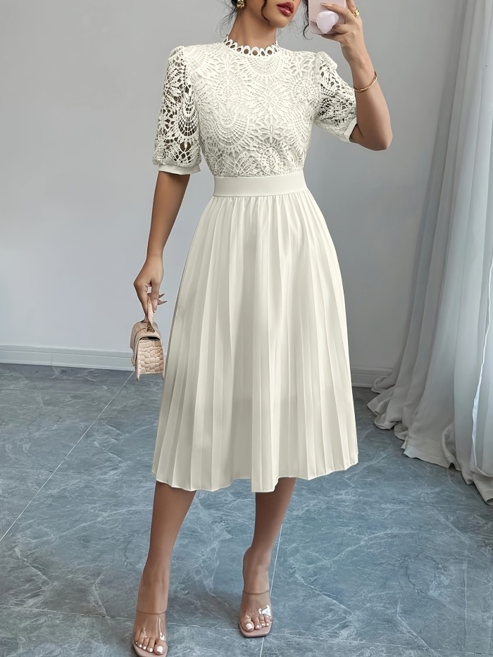 Women's Elegant Pleated Bubble Sleeve Slim Fit Waist Contrast Lace Decor Dress in Stretch Fabric