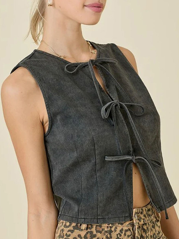 Split-Joint Lace-Up Sleeveless Loose Round-Neck Vest Top