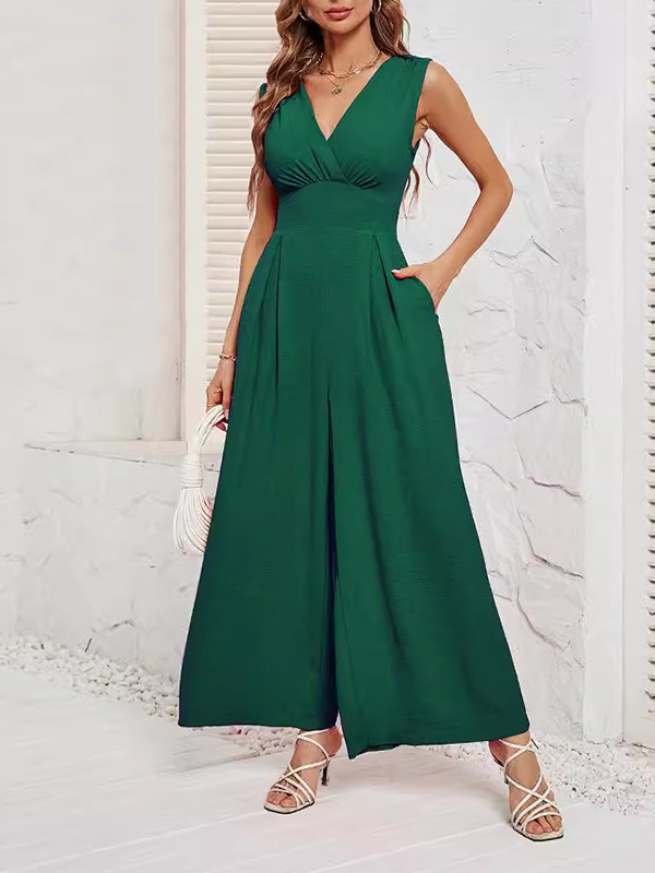 Split-Joint Solid Color Pleated Wide Leg Sleeveless V-neck Jumpsuits