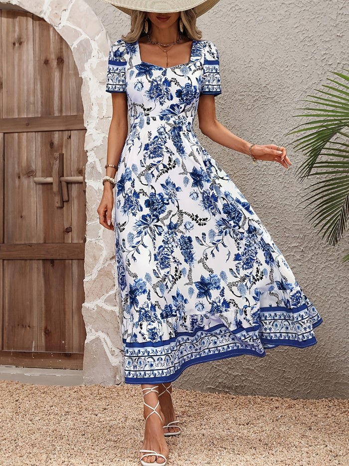Women's Floral Print Square Neck A-Line Dress