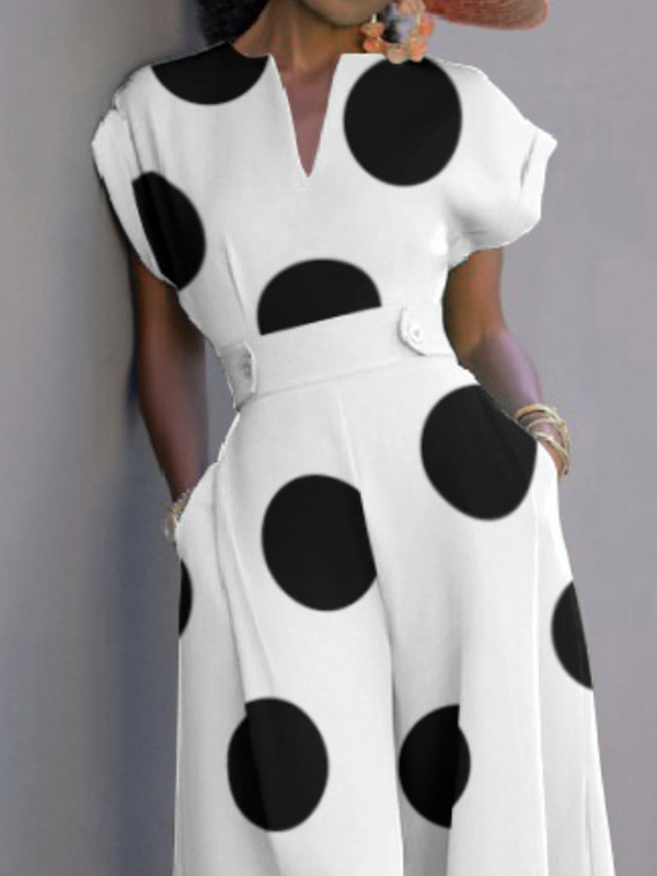 Polka-Dot Wide Leg Short Sleeves V-Neck Jumpsuits