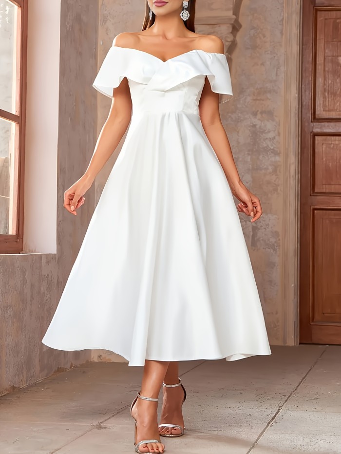 Summer Elegant Off-Shoulder Pleated White Graduation Dress for Women