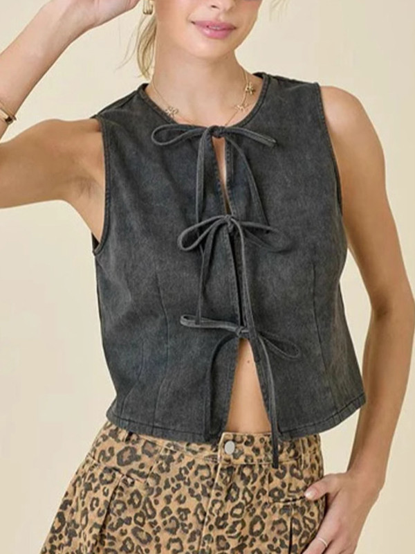Split-Joint Lace-Up Sleeveless Loose Round-Neck Vest Top