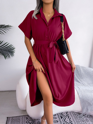 Tied Waist Split-Joint Solid Color Short Sleeves Loose Lapel Shirt Dress Midi Dresses