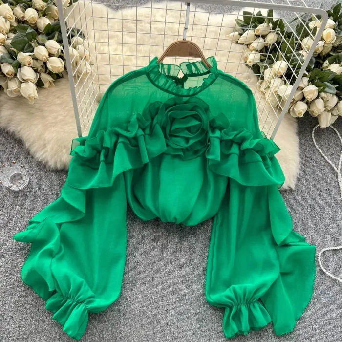 Ruffle Chiffon Lantern Sleeve Fashion Slim Loose Vacation Casual Chic Tops
