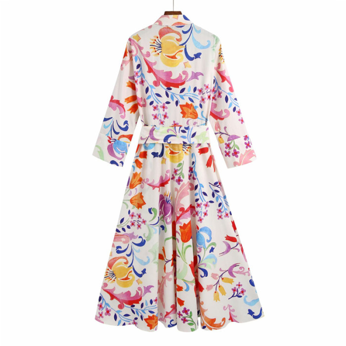 Women Summer Vintage Shirts 3/4 Sleeve Print Turn-down Collar Elegant Dresses