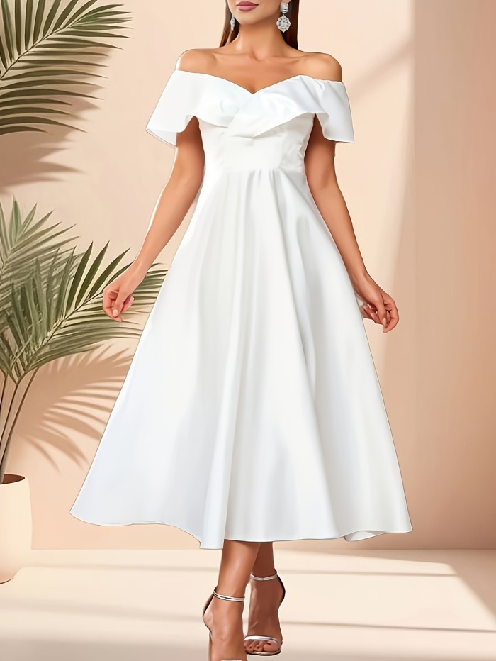 Summer Elegant Off-Shoulder Pleated White Graduation Dress for Women